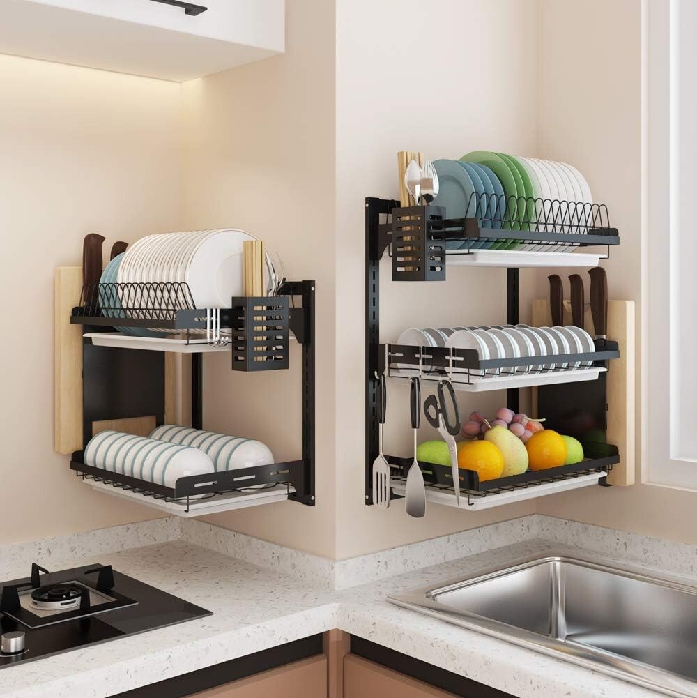 3-Tier Black Stainless Steel Dish Rack with Utensil Holder - Space-Saving Design