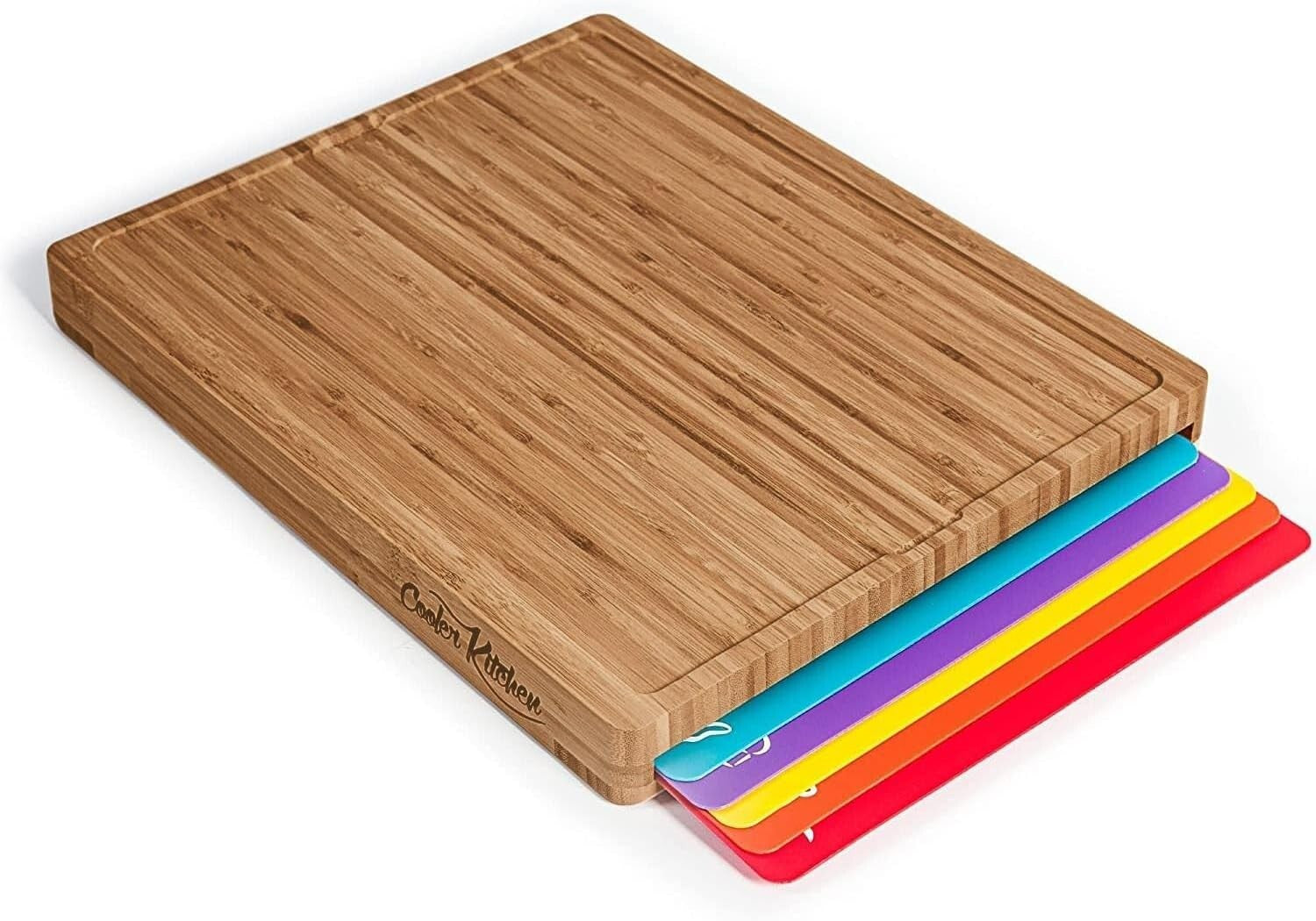 Durable Bamboo Cutting Board with Color-Coded Flexible Mats for Kitchen Safety