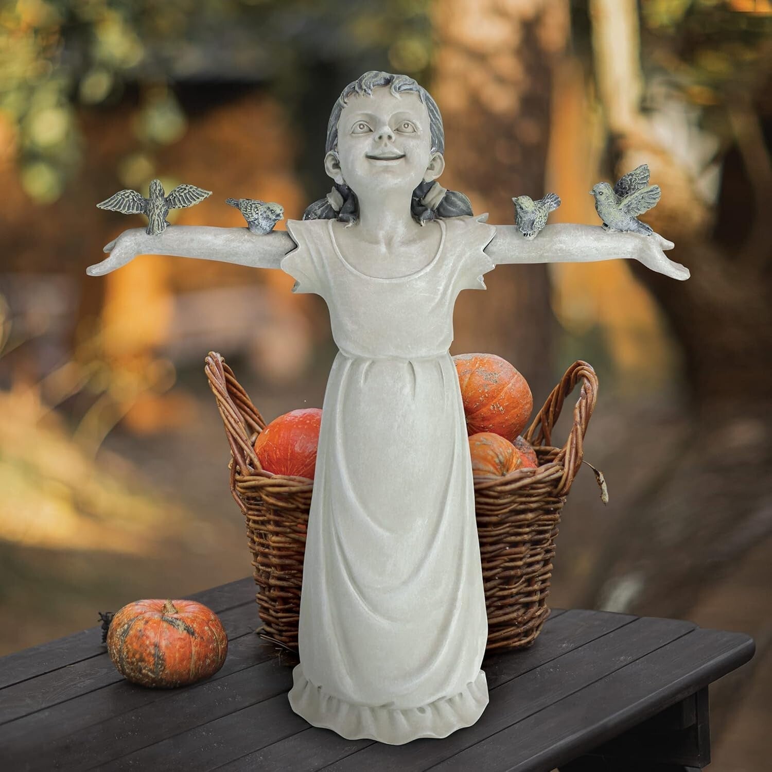 Delightful 16-Inch Little Girl with Birds Cast Stone Resin Garden Figurine