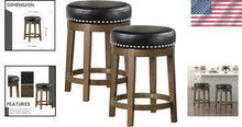 Load image into Gallery viewer, Set of 2 Rustic 360° Swivel Bar Stools - Faux Leather &amp; Solid Wood - 25 Inch