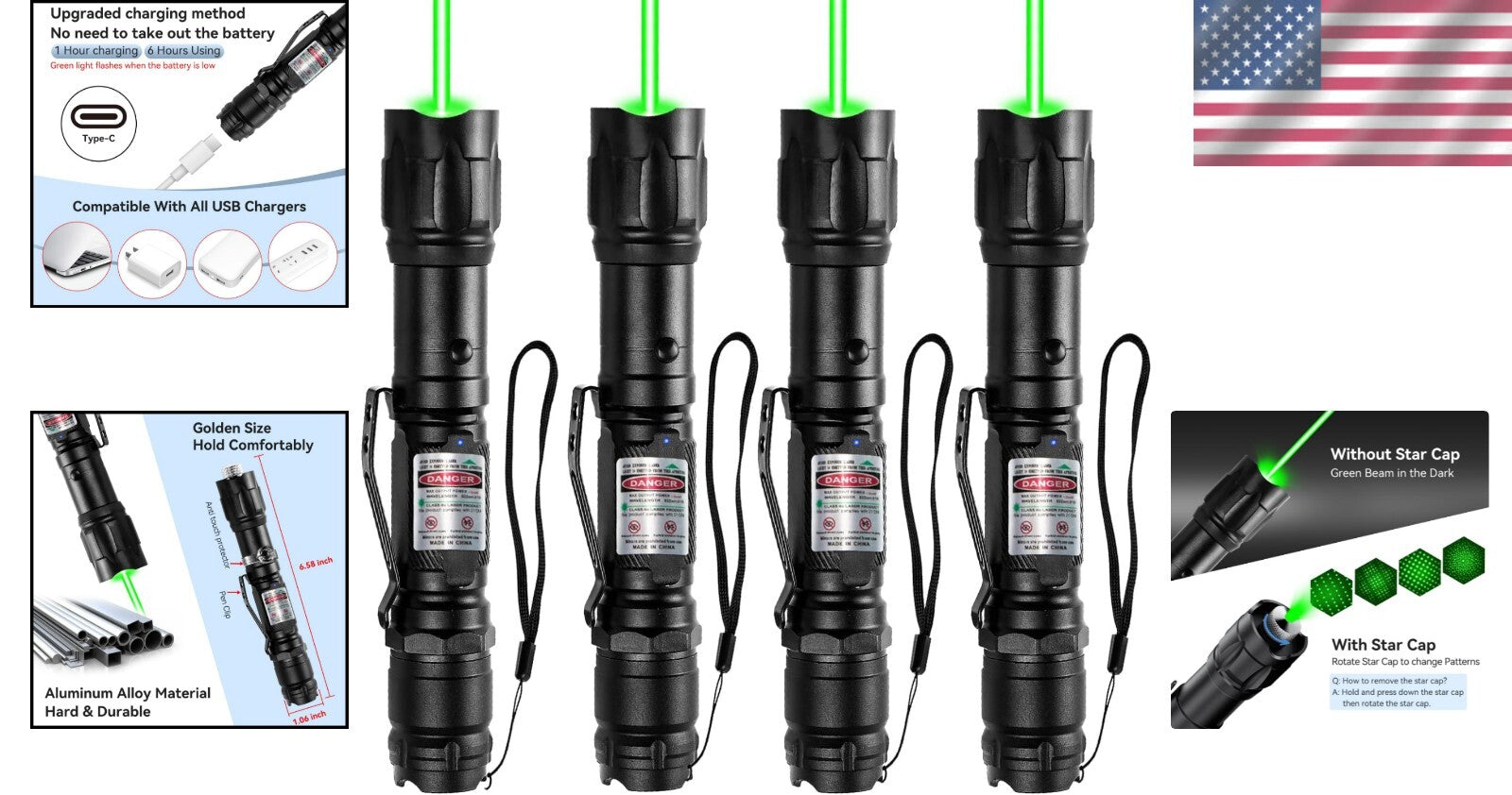 Durable 4 Pack Aluminum Rechargeable Flashlights with Unique Starlight Patterns