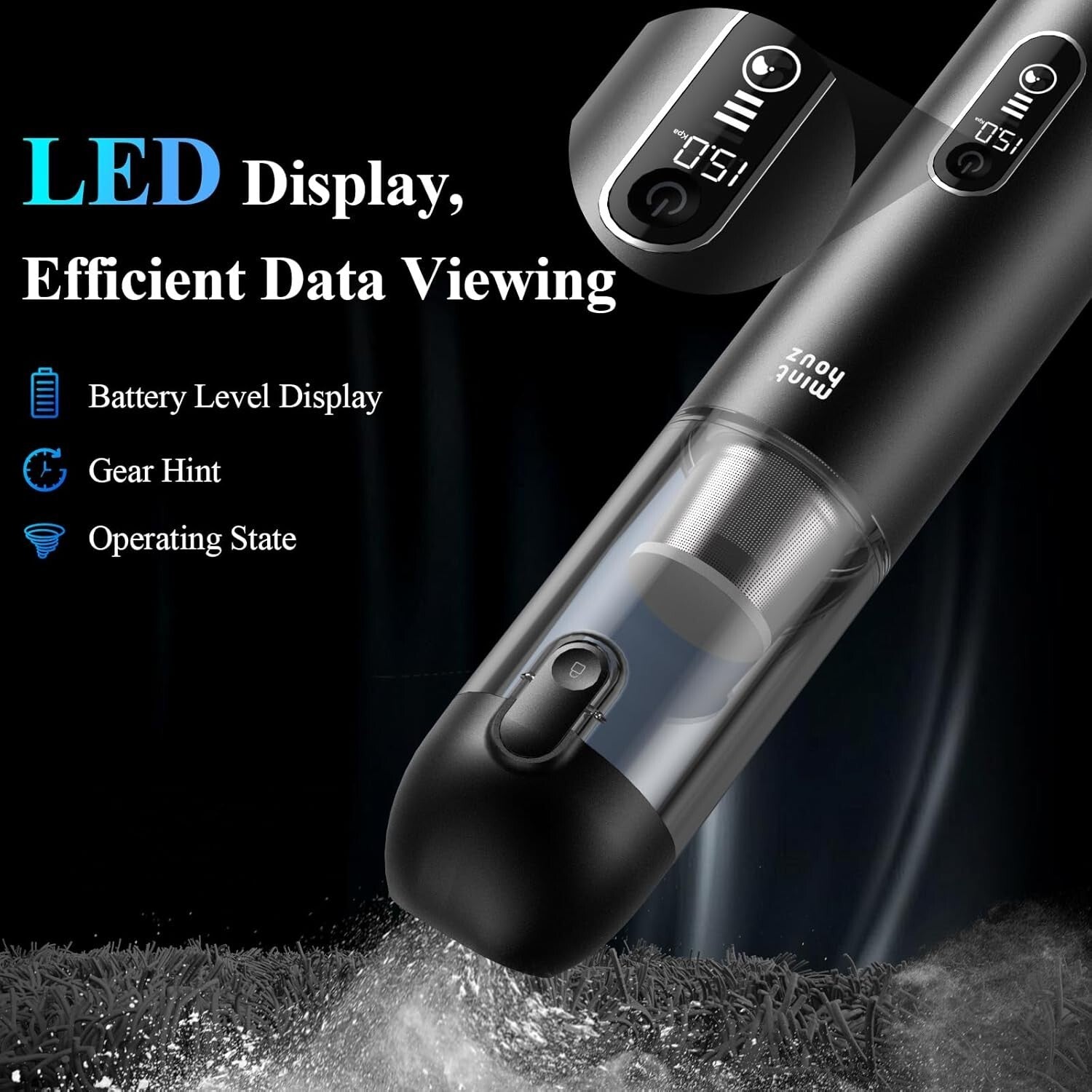 Portable Handheld Vacuum with LED Display & 5-in-1 Accessories - 20000PA Power