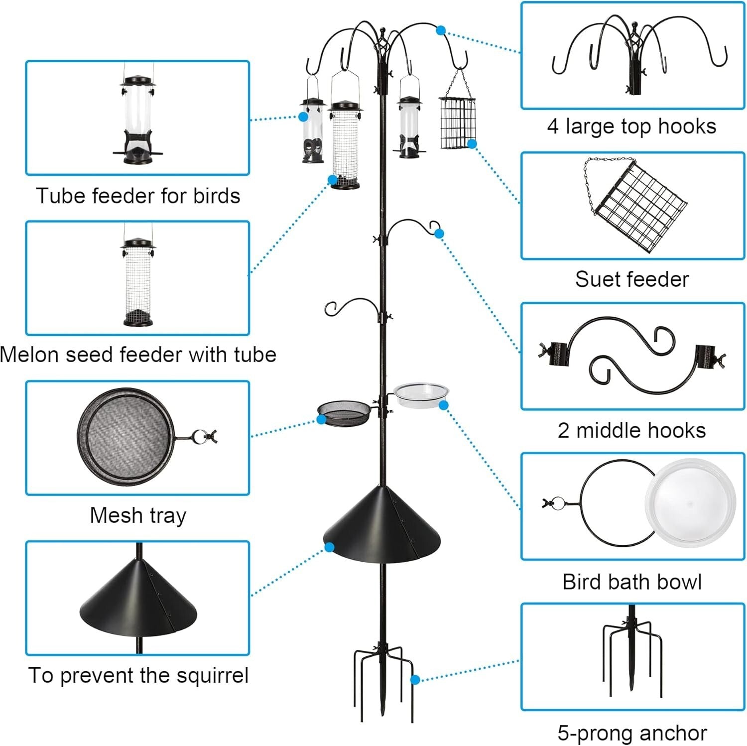 94-Inch Attracting Wild Birds Stand with 4 Feeders, Bath, & Squirrel Baffle