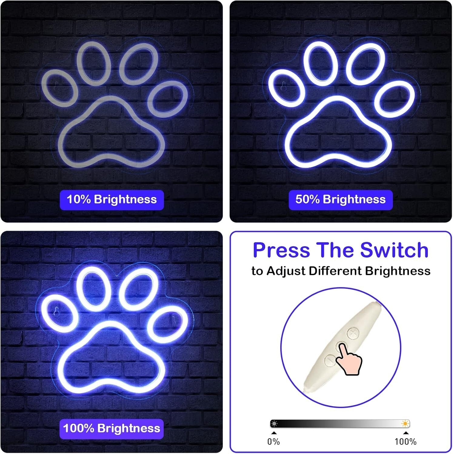 9.8 x 9.8 Inch Blue Dog Paw Neon Sign - Wall Mount with Dimmable Feature