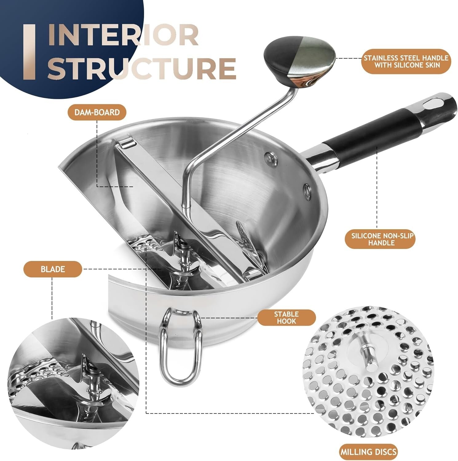 Durable Stainless Steel Food Mill with Three Milling Discs & Non-Slip Design