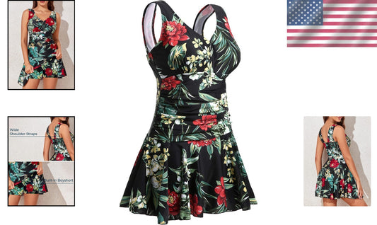 Elegant Plus-Size Tummy Control Swim Dress with Flower Print - Sizes 16-18