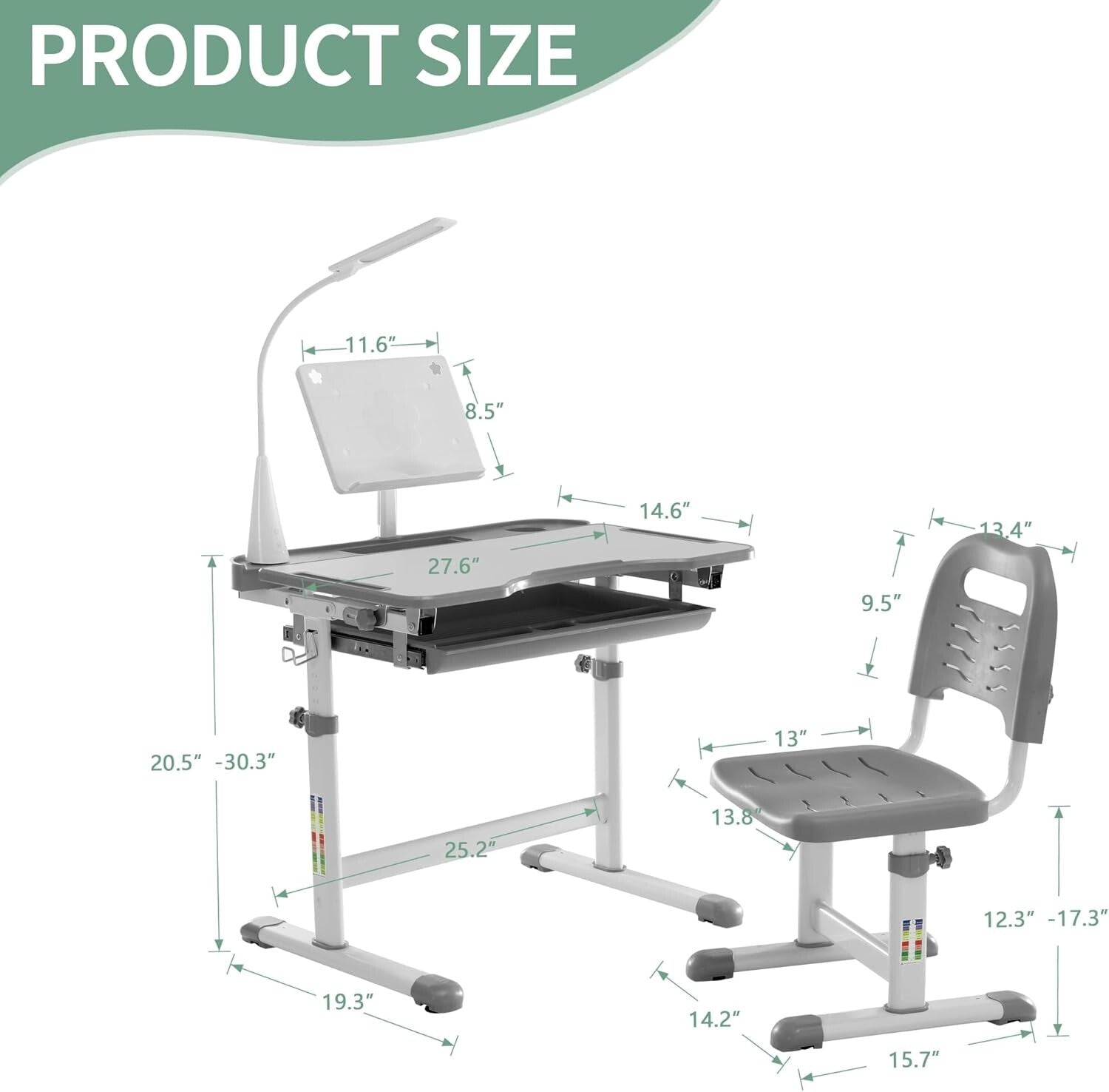 Durable Kids Desk and Chair Set with Adjustable Height and LED Lamp for Learning