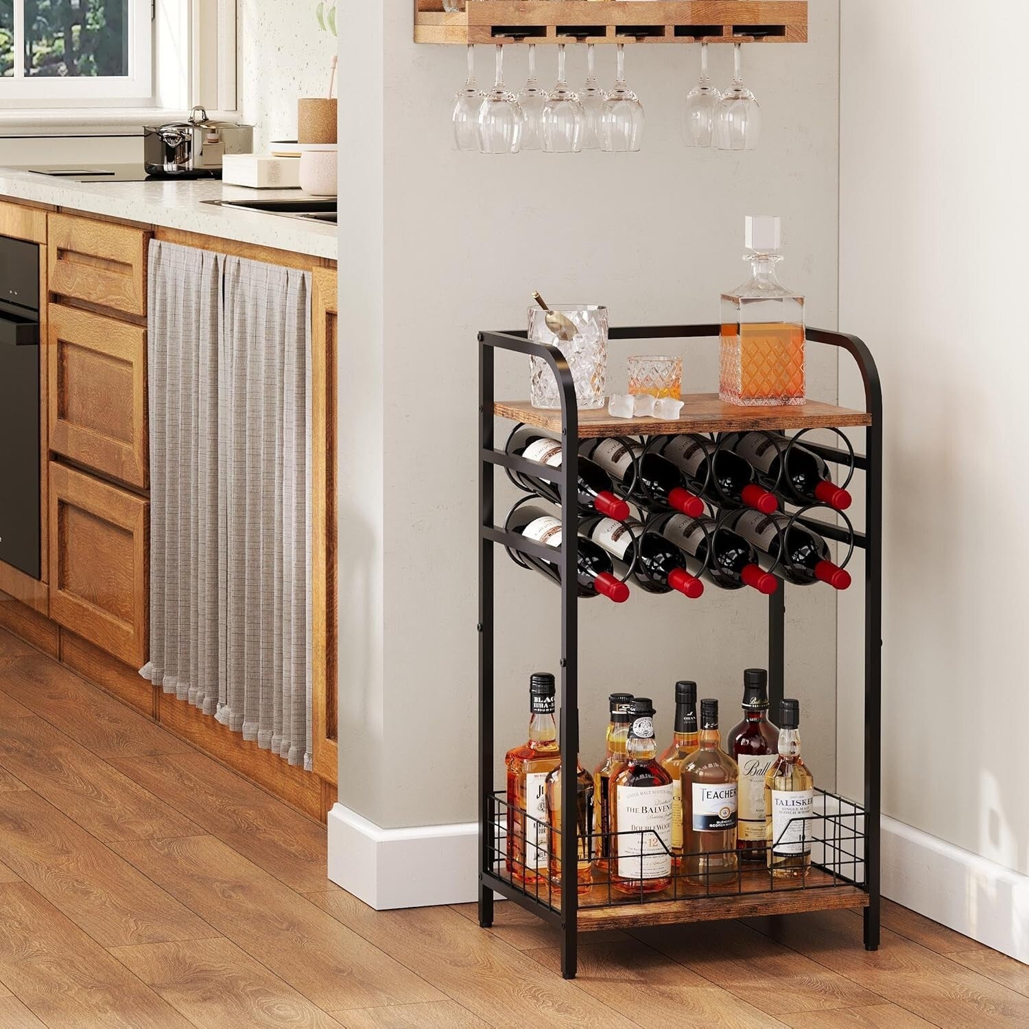 3-Tier Industrial-Chic Wine Bar Table with 8-Bottle Rack - Space-Saving Elegance