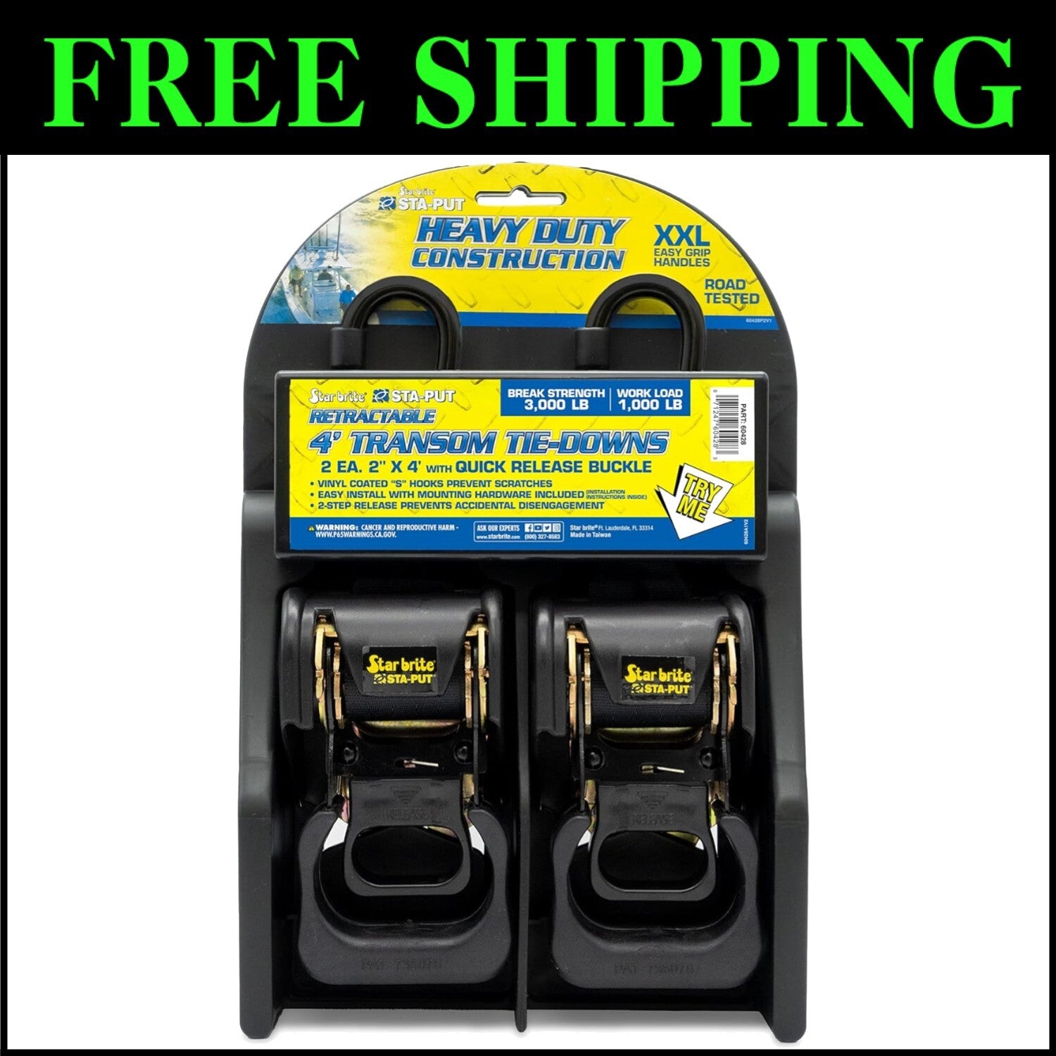 Secure Your Boat - 4' Heavy-Duty Retractable Tie-Downs with STA-PUT Technology