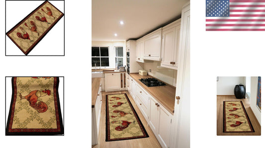 French Country Rooster Motif Kitchen Runner Rug - 23" x 7' Slip Resistant Style