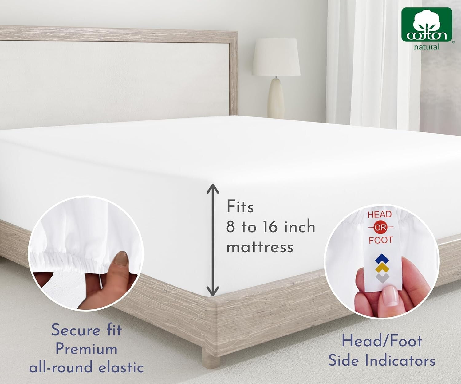 Comfortable King Size Fitted Sheets, 2-Pack 400 TC Cotton Sateen Bright White