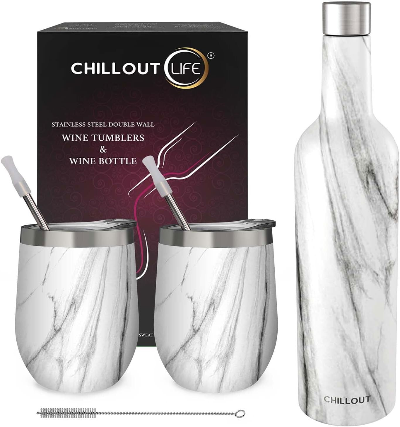 Insulated Wine Tumblers & Bottle - Carrara Marble Design for Outdoor Elegance