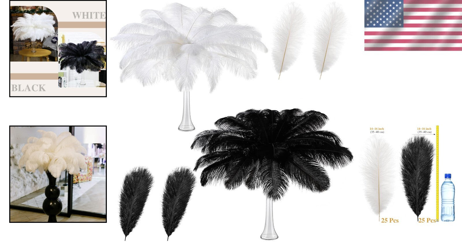 Natural Ostrich Feathers Bulk - 50 Pcs 14-16 Inch for Stunning Wedding Decor