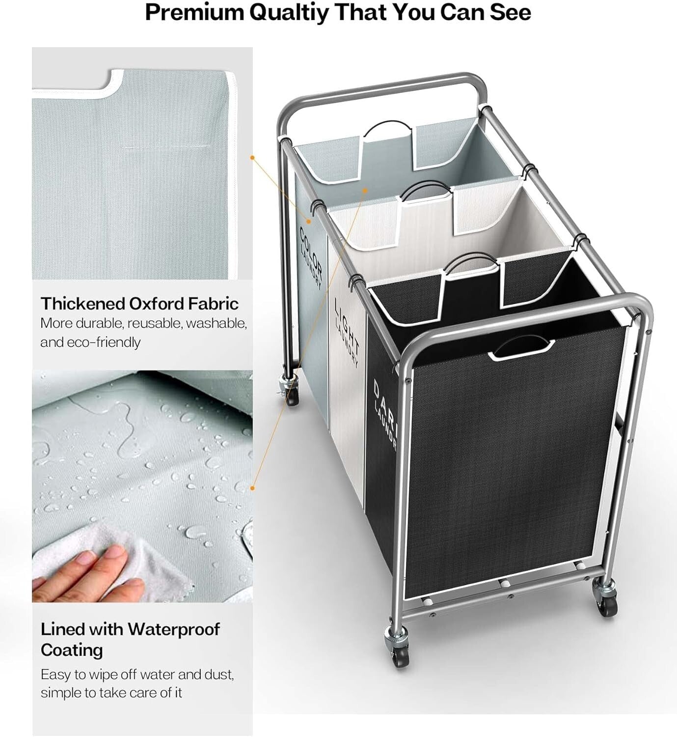 Efficient Laundry Cart with Easy-Access Bags - 3 Compartments for Sorting