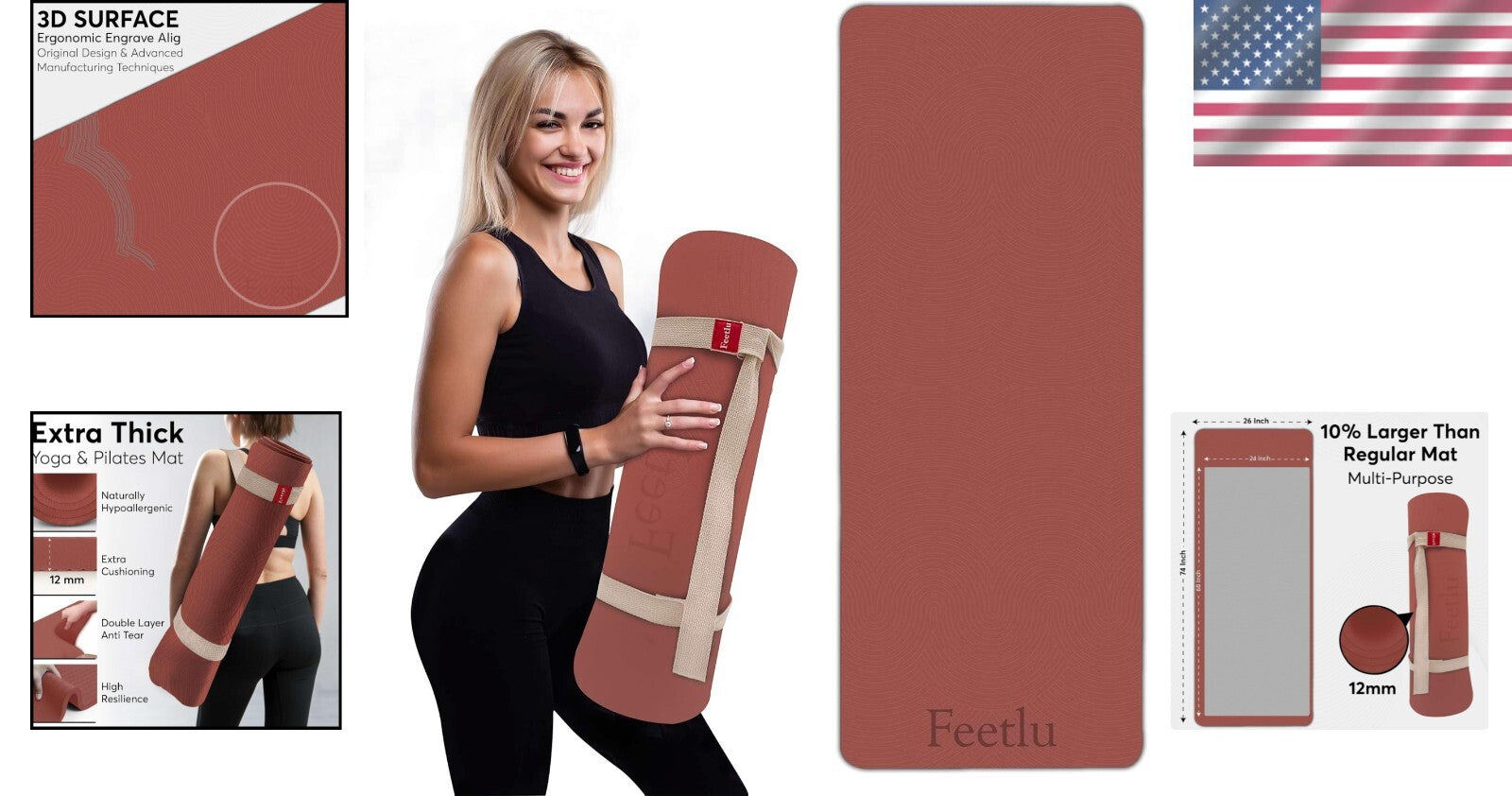 Cushioned 12mm Non-Slip Exercise Mat for Yoga & Pilates – Includes Carry Strap