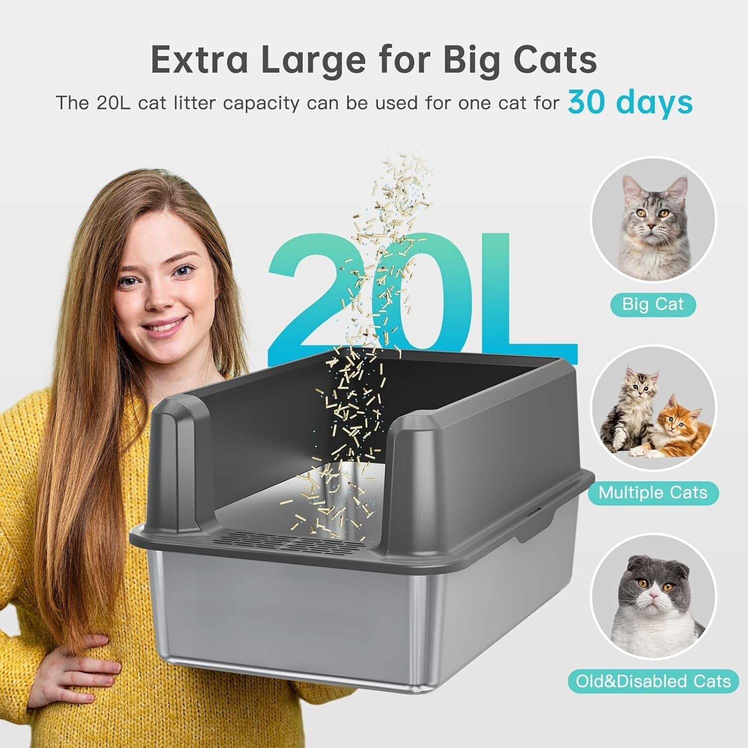 Durable XL Stainless Steel Litter Box with Secure Lid & Litter Scoop Included