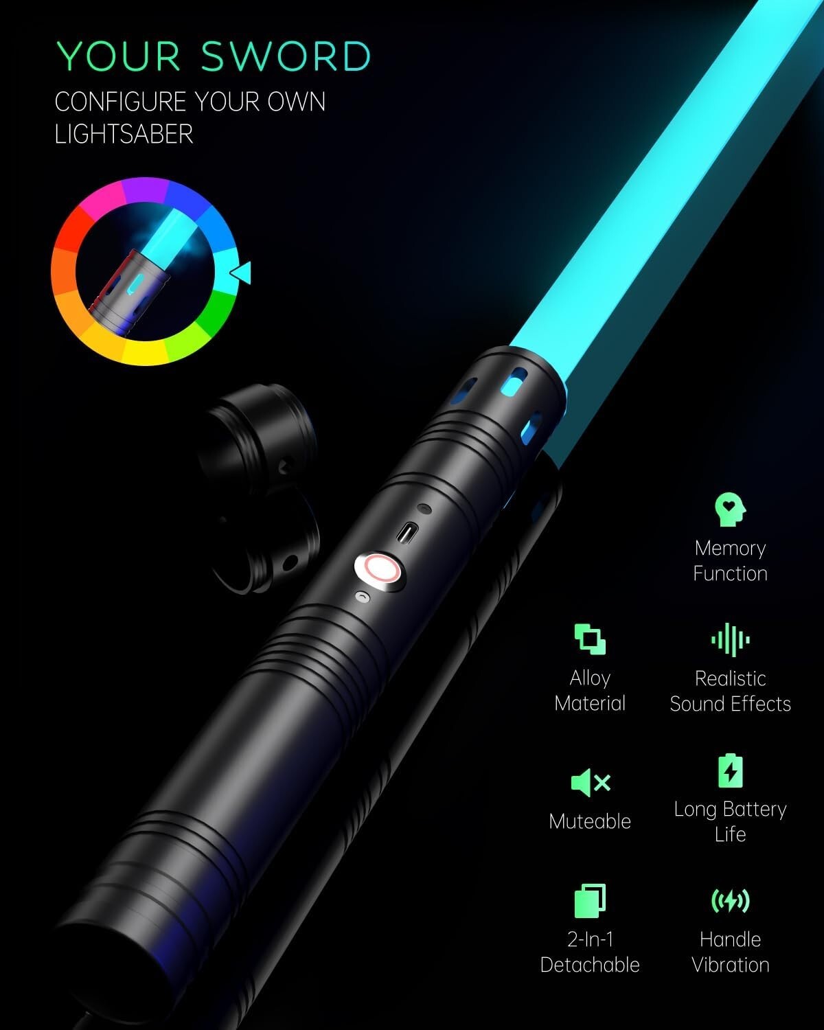 Dueling Lightsaber Toy - 20 Colors & Sounds, Rechargeable for Kids & Adults