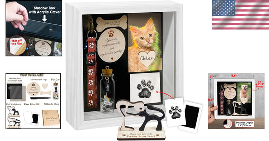 Elegant White Pet Memorial Shadow Box Gift with Collar Holder and Photo Frame
