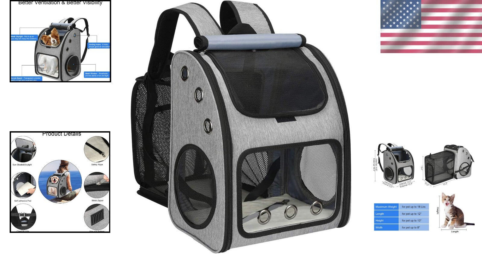 Portable Pet Travel Carrier Backpack - Safety & Comfort for Dogs, 18 lbs Max