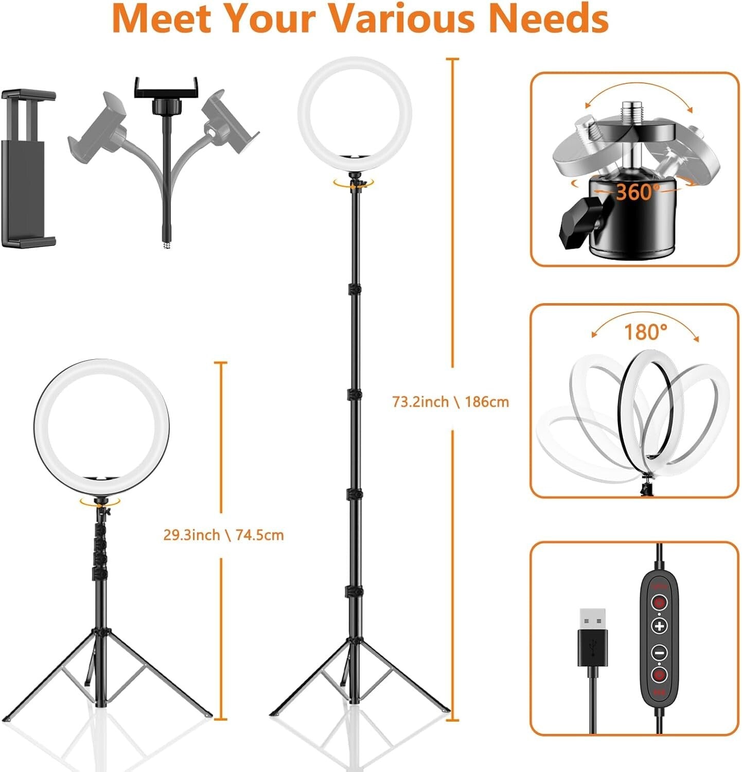 12'' Selfie Ring Light with 73'' Tripod - 38 Color Modes & Dimmable Brightness