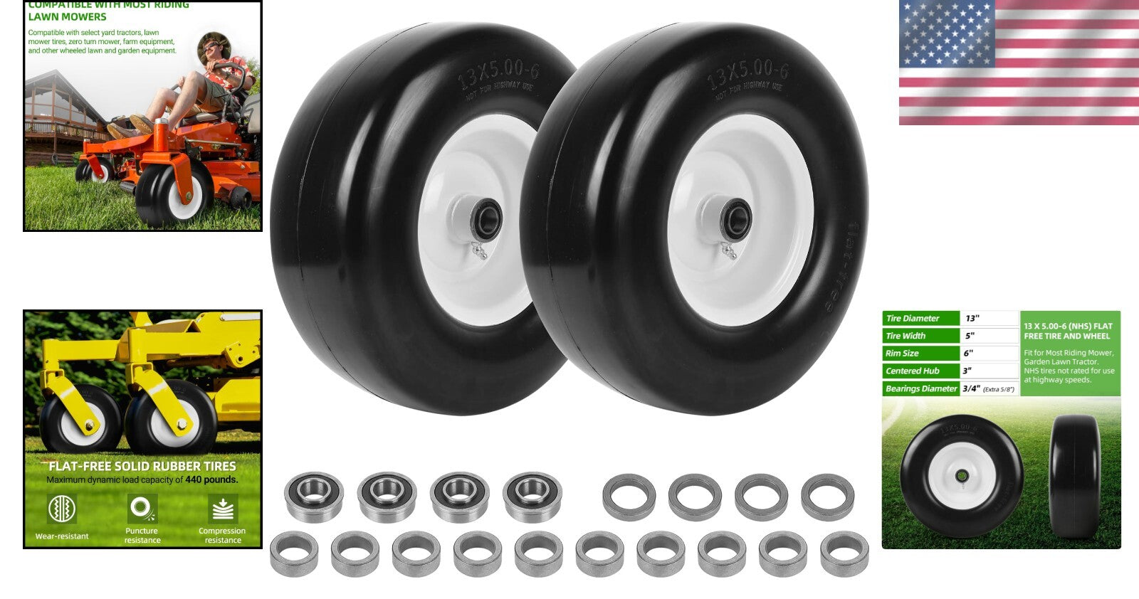 High-Load 2-Pack 13 x 5.00-6" Solid Rubber Tires for Garden Lawn Tractors