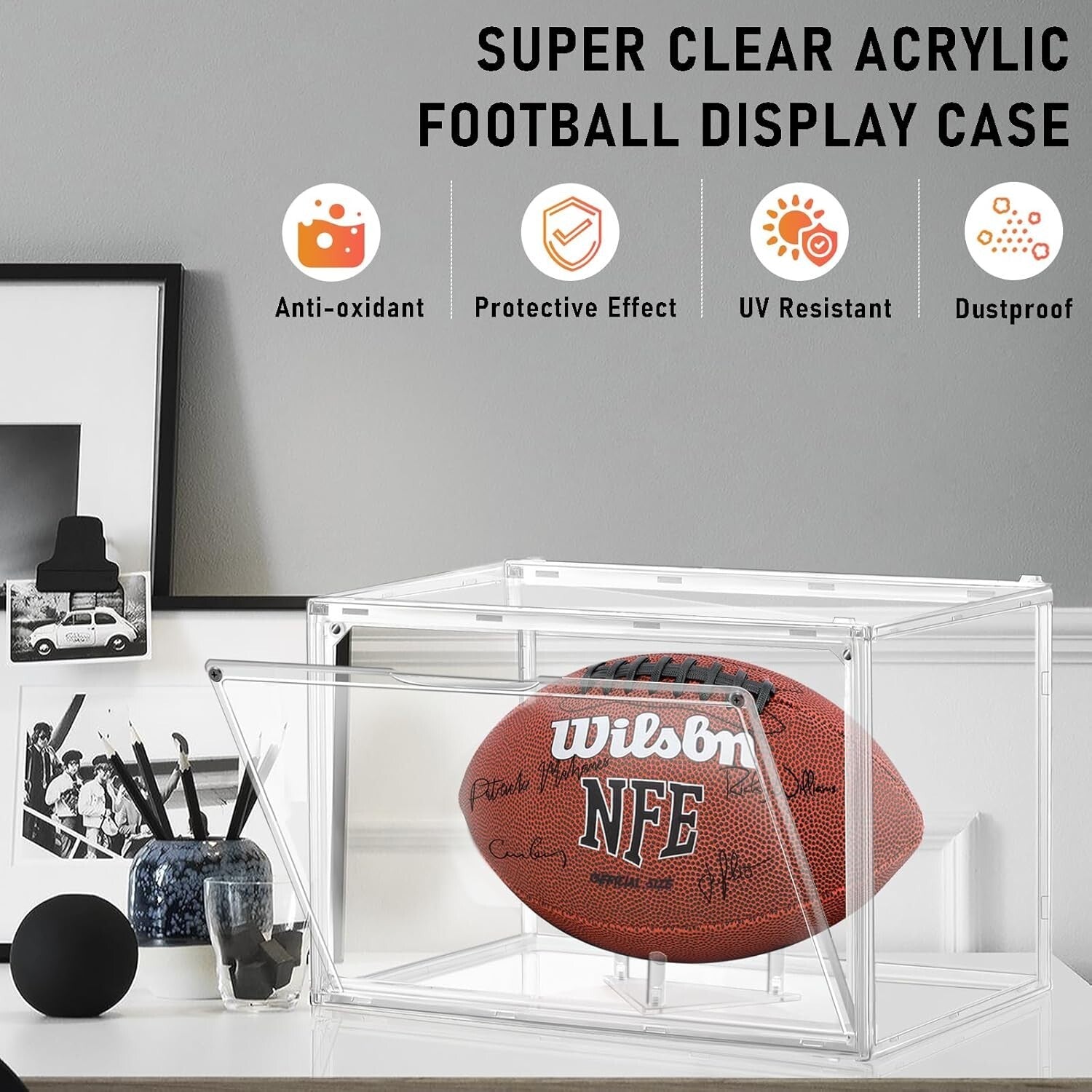 Full Size Football Display Cases - Clear Acrylic with Easy Access Magnetic Door