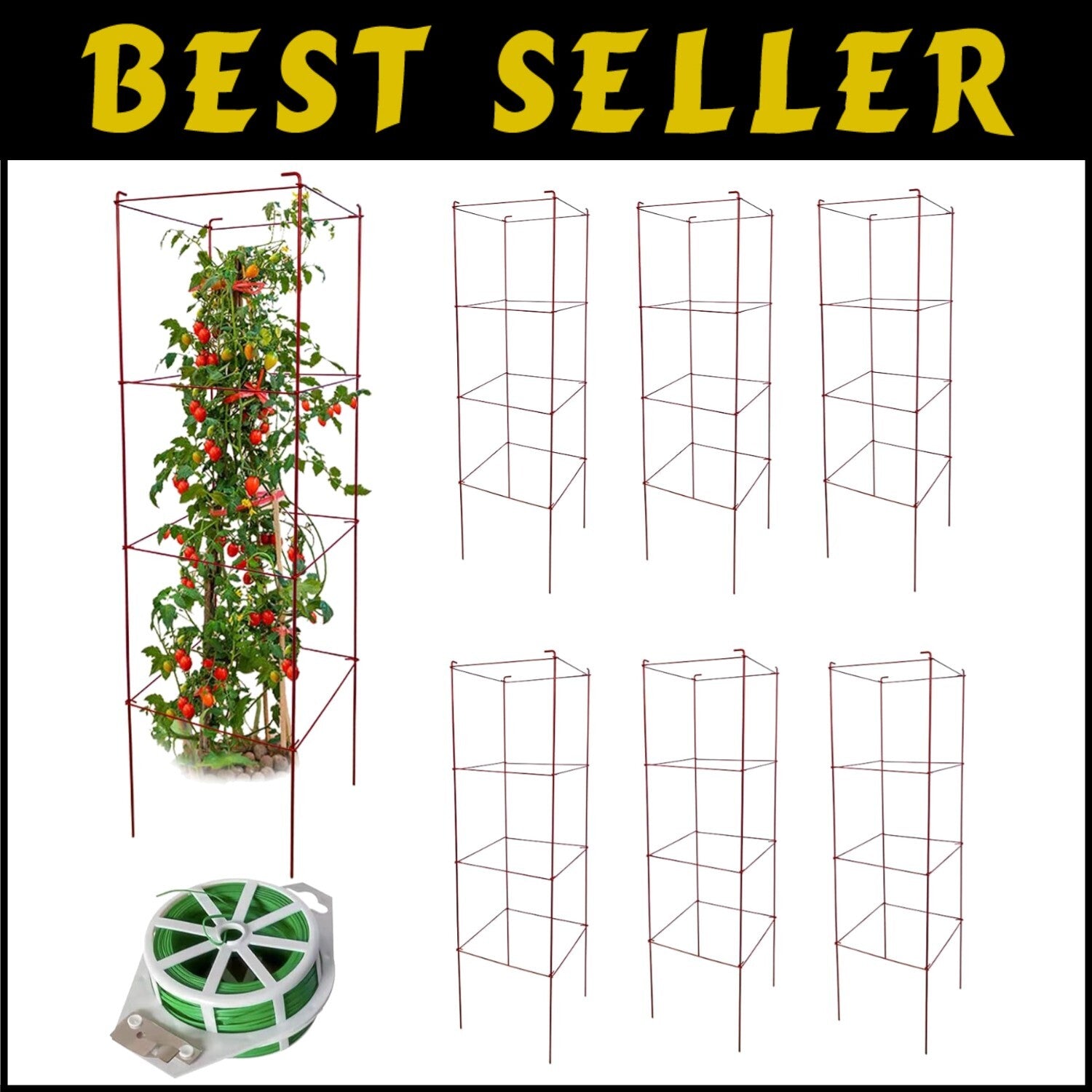 Adjustable Tomato Cages 6 Pack - Perfect 46 Inch Red Support for Climbing Plants