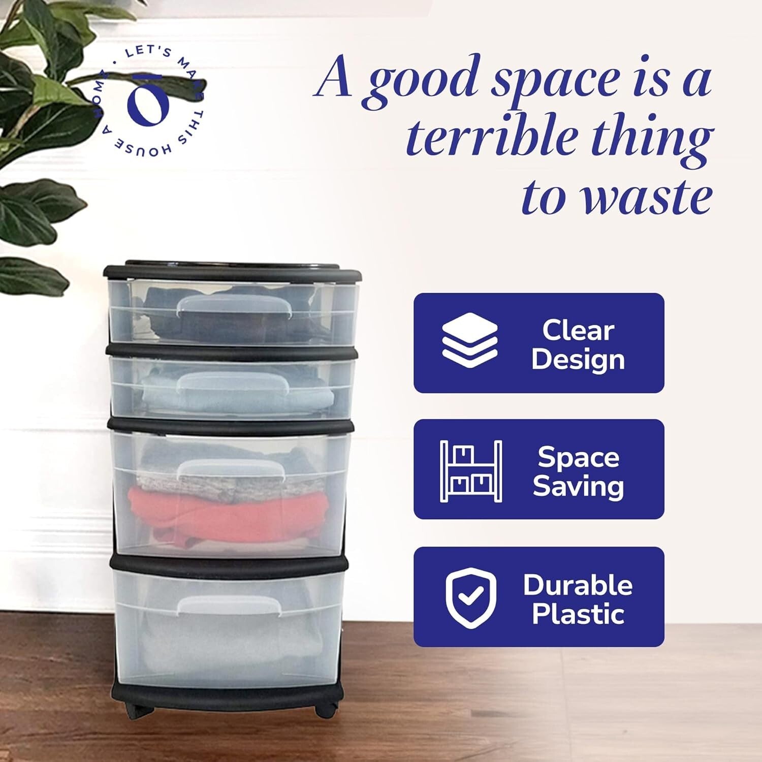 Compact 4-Drawer Plastic Storage Cart with Black Frame - No Assembly Needed