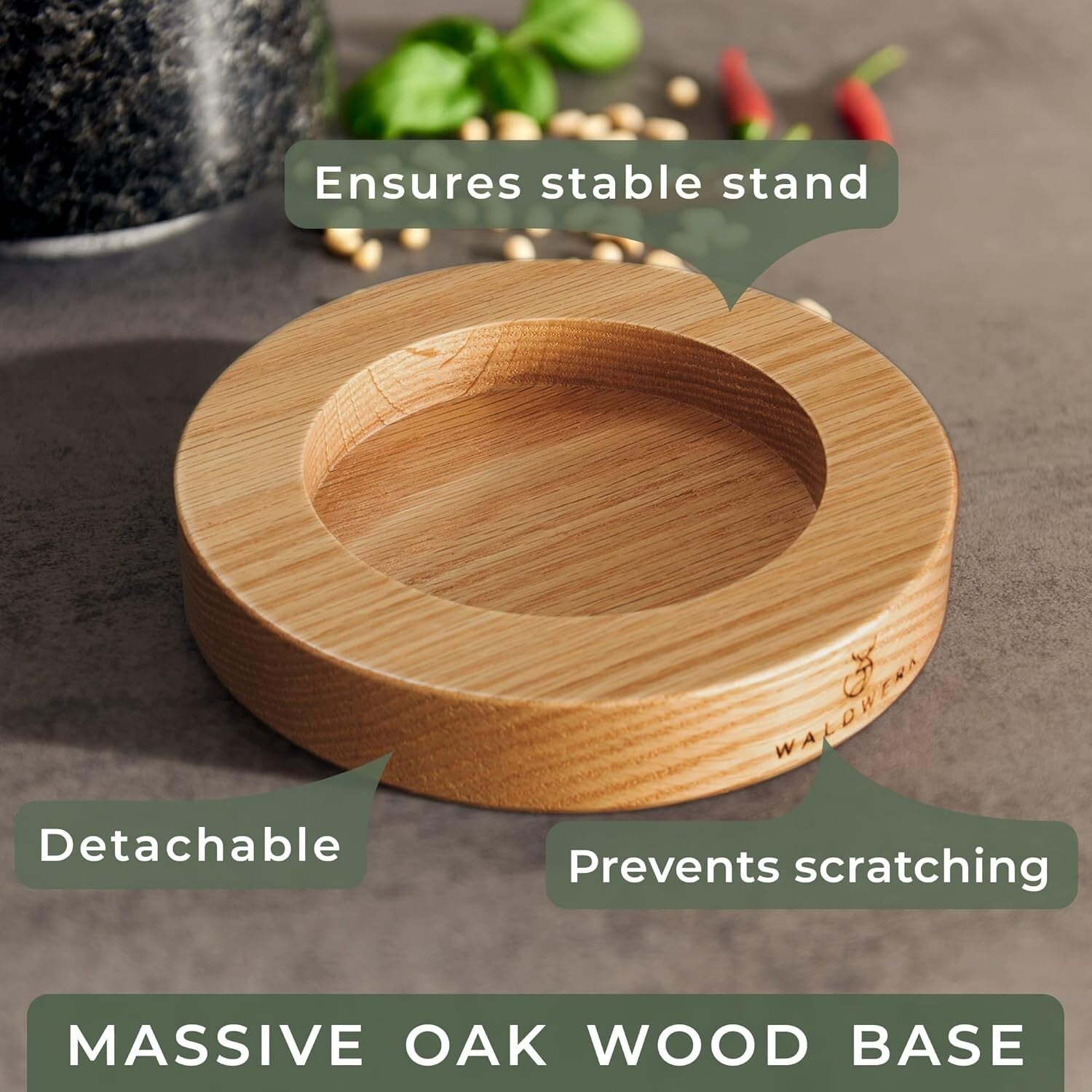 Extra Large Granite Mortar and Pestle Set - Oak Wood Base for Scratch Protection