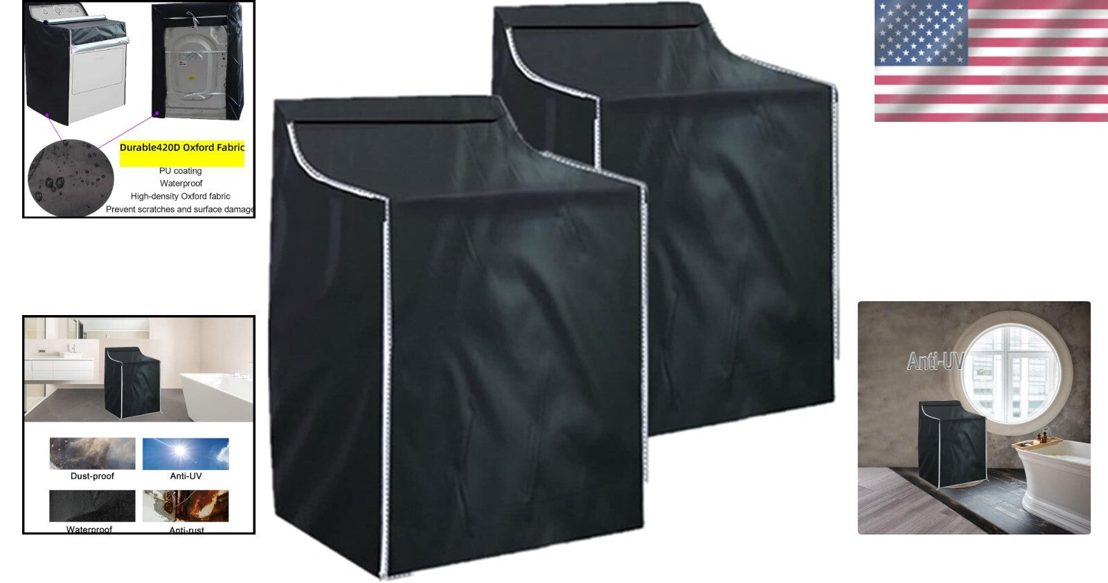 Elegant Black Washer and Dryer Covers, Zipper Design for Easy Access - 2 Pieces