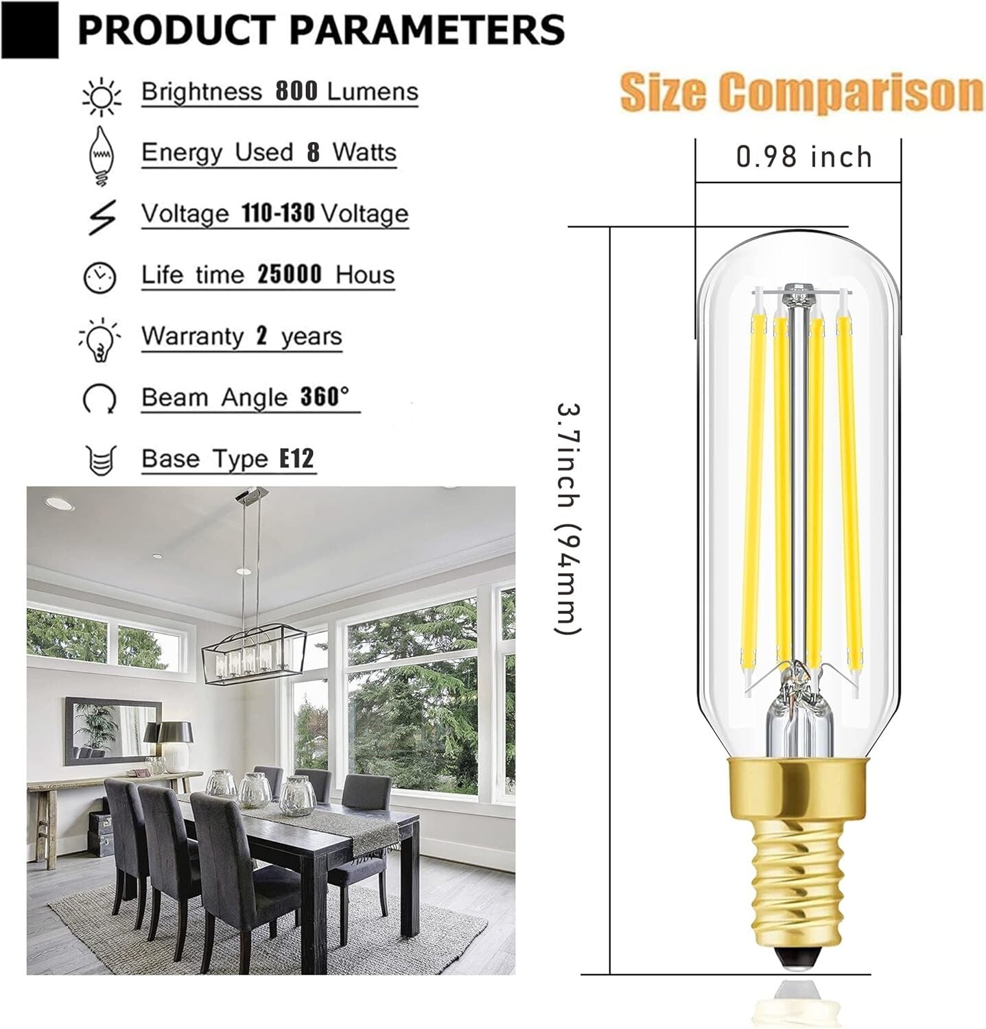 Dimmable E12 8W LED Bulb - 100W Incandescent Equivalent, Ideal for Chandeliers