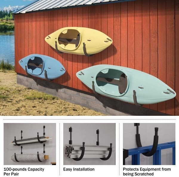 4-Pair Premium Kayak Storage Hooks for Paddleboards and Surfboards - Black