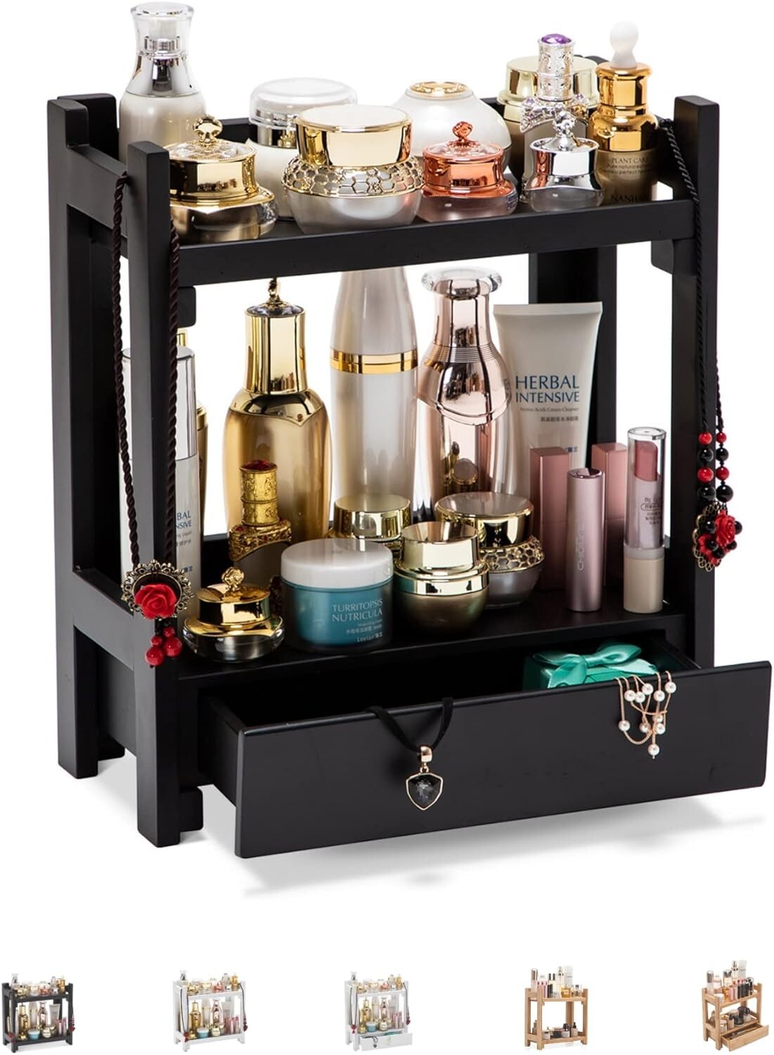 Elegant Bamboo Makeup Organizer - Stylish Cosmetic Storage Caddy for Countertop