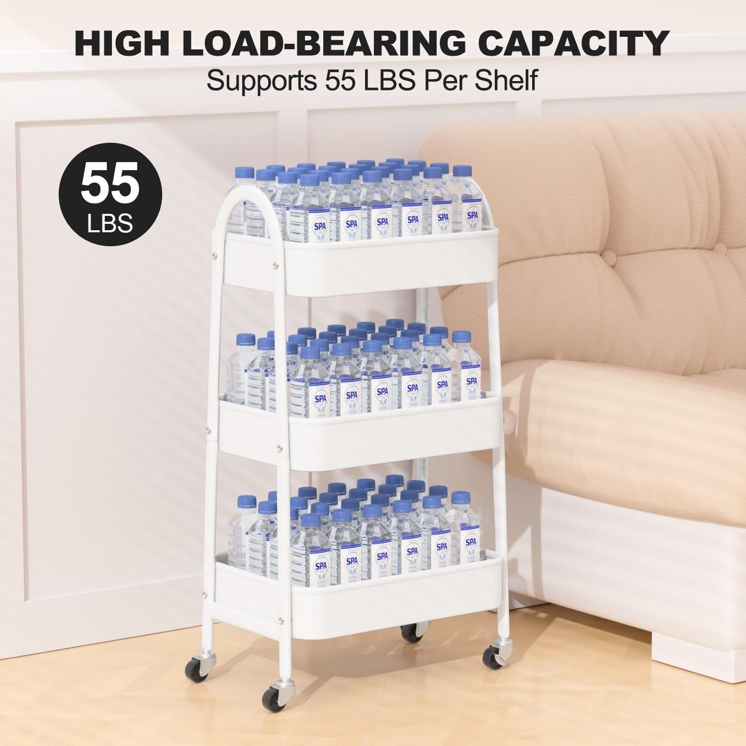 3 Tier Rolling Storage Cart - Lockable Wheels & Sturdy Metal Design in White