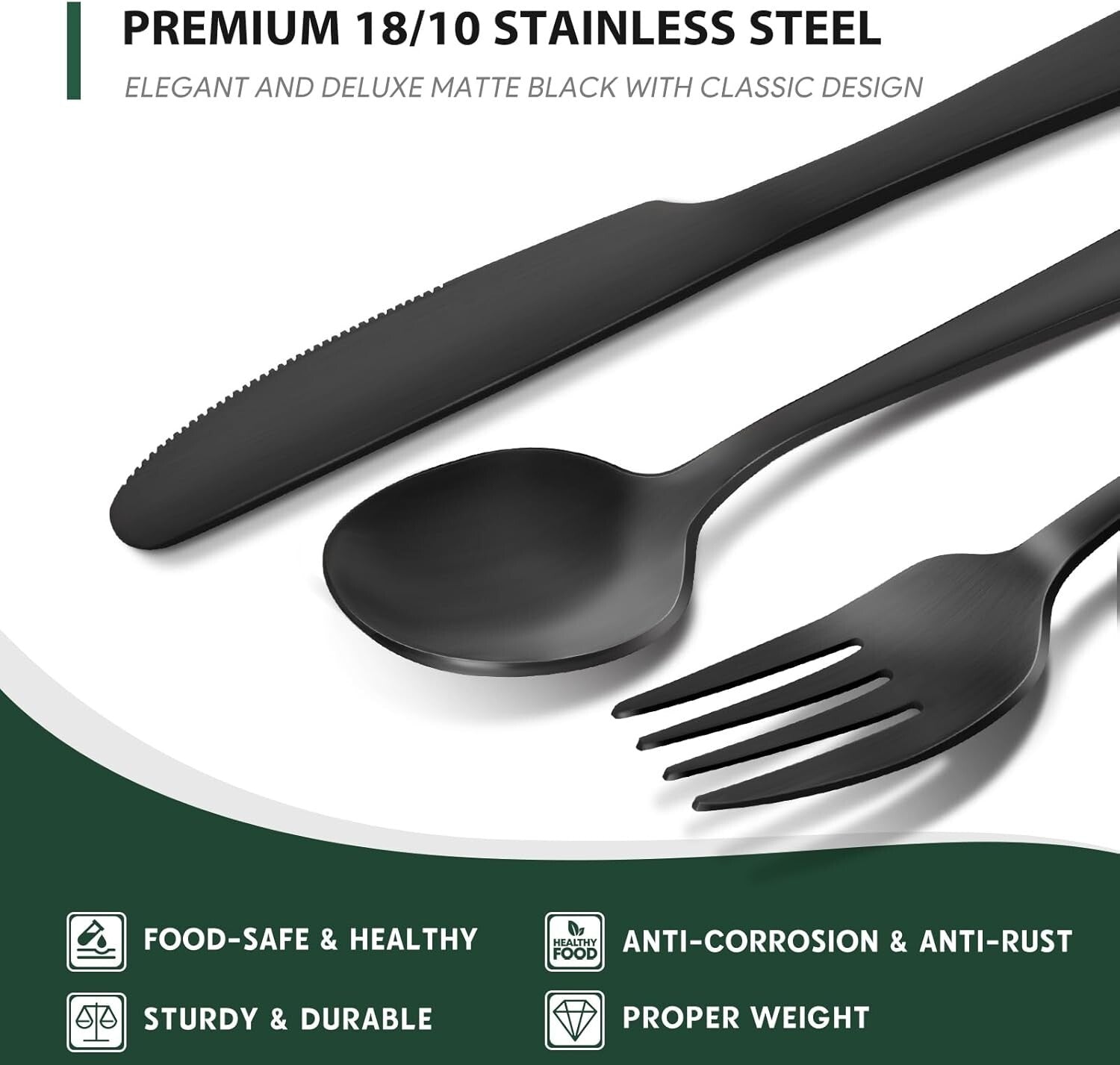 Complete 48-Piece Stainless Steel Matte Black Silverware Set for Upscale Dining