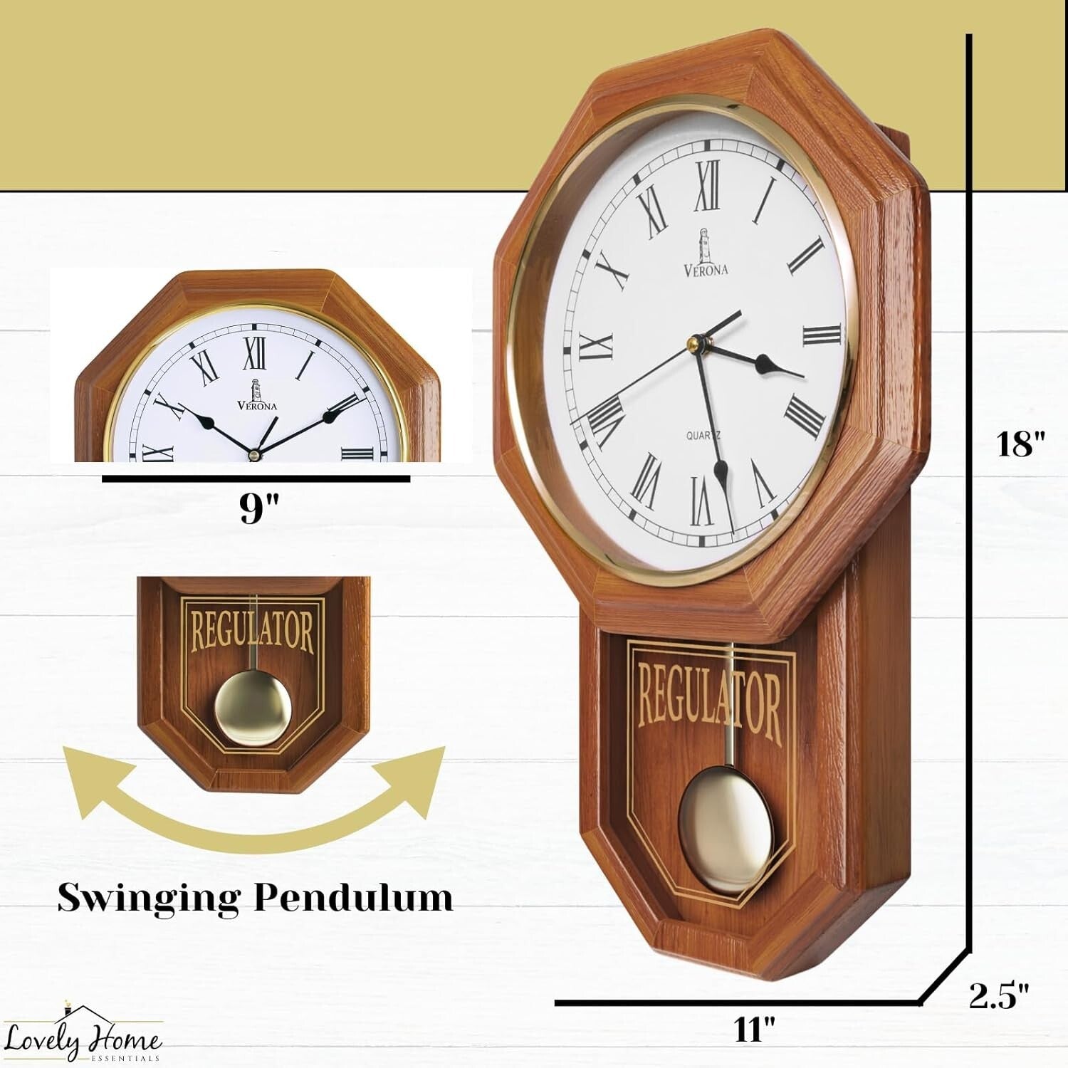 Battery-Operated Non-Chiming Wooden Pendulum Clock - 18" x 11" Classic Decor