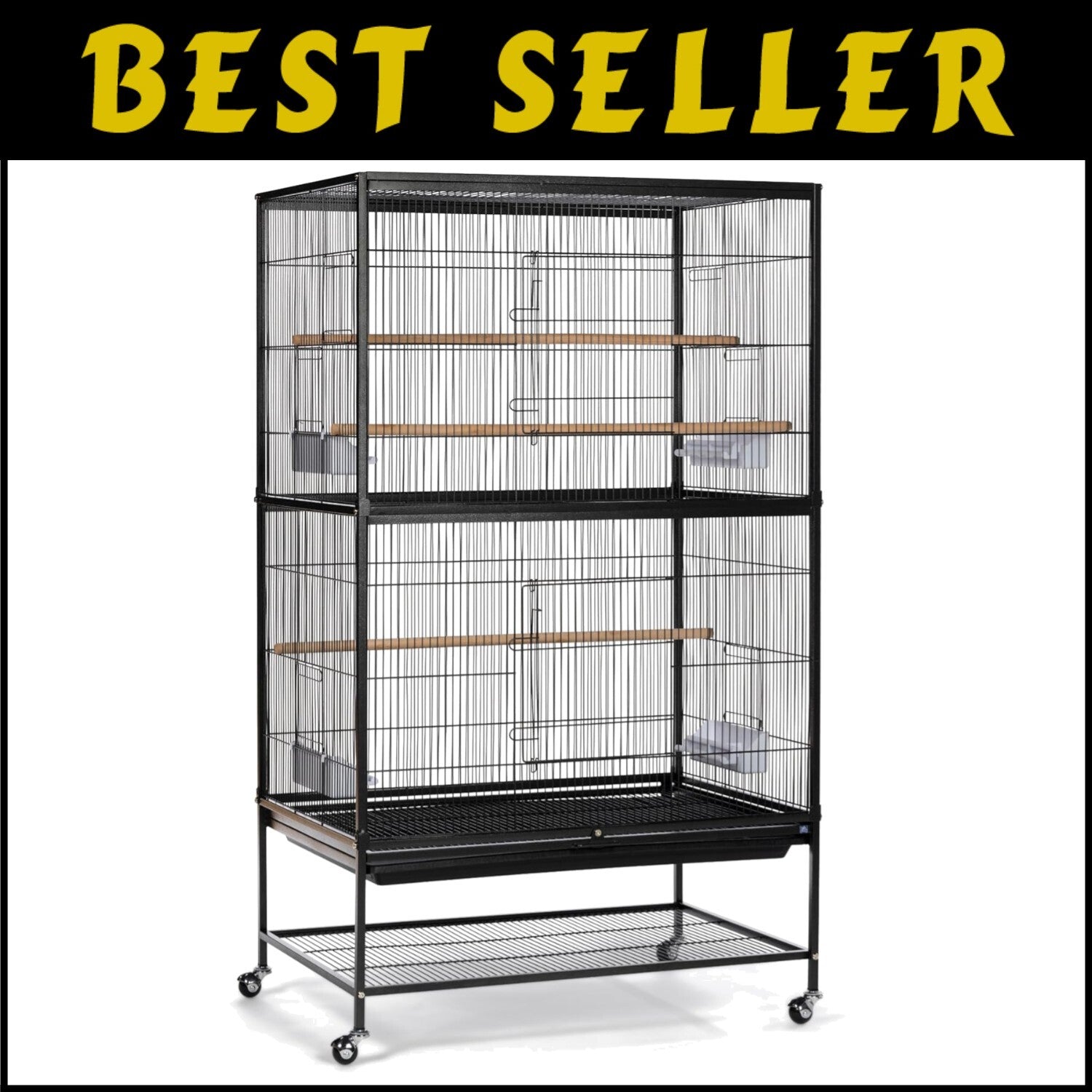 Large Wrought Iron Birdcage, 31"L x 20.5"W x 53"H with Storage & Rolling Casters