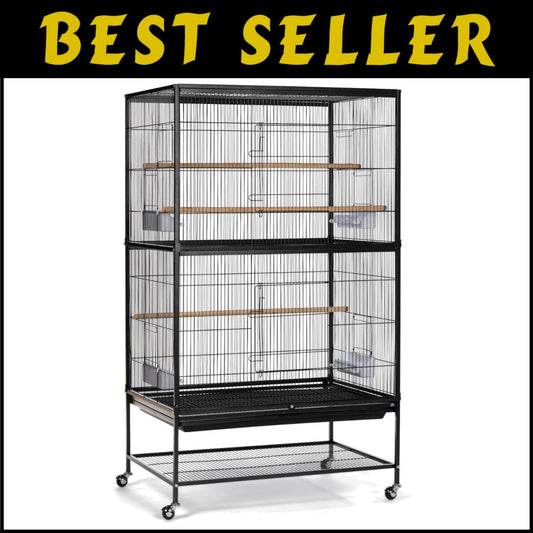 Large Wrought Iron Birdcage, 31"L x 20.5"W x 53"H with Storage & Rolling Casters
