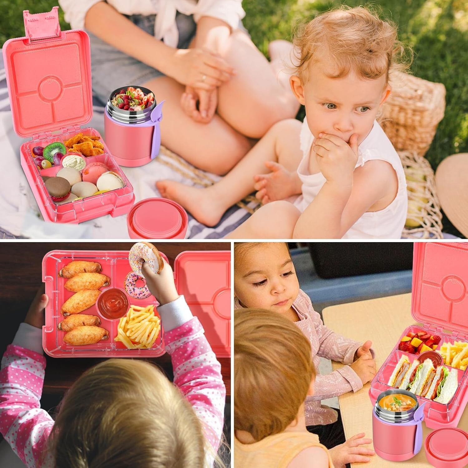 4-Compartment Kids Bento Box with Matching Insulated Lunch Bag & Soup Jar