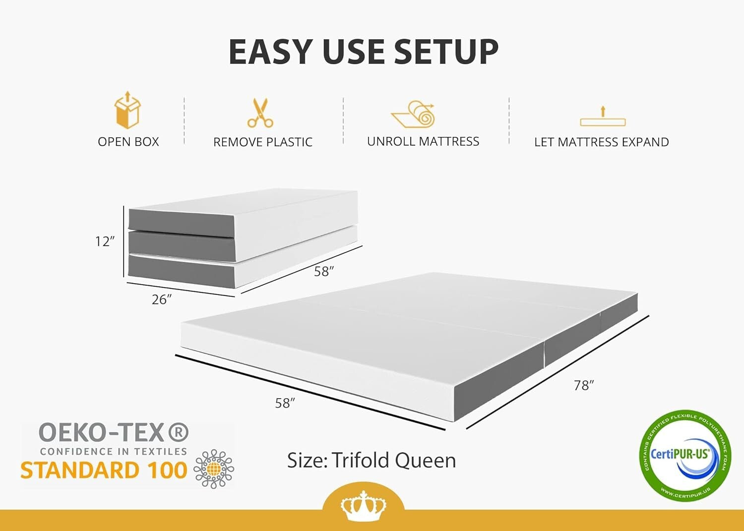 Luxury Gel Memory Foam Trifold Mattress with Washable Cover - Full Size Comfort