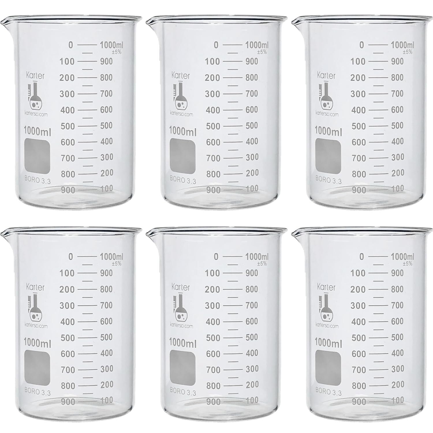 Pack of 6 Borosilicate 3.3 Graduated 1000ml Beakers for Accurate Measurements