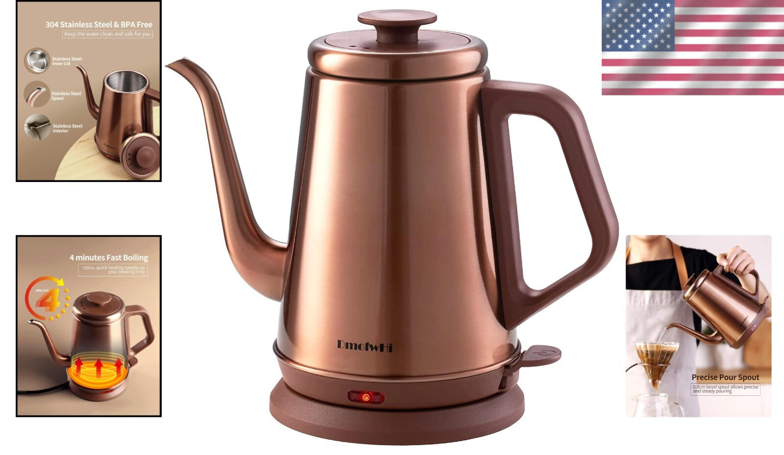 High-Performance 1.0L Copper Electric Kettle with Cool-Touch Handle & Fast Boil