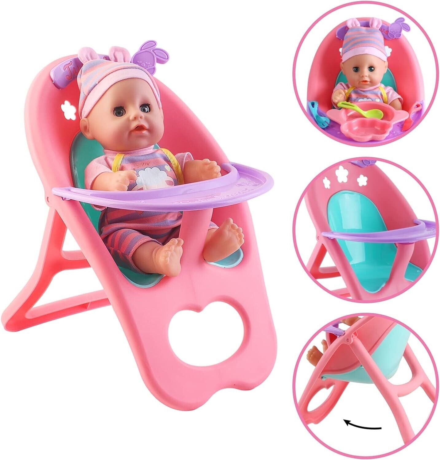 Safe 12” Baby Doll Toy Set with Crib, High Chair & Accessories for Pretend Play