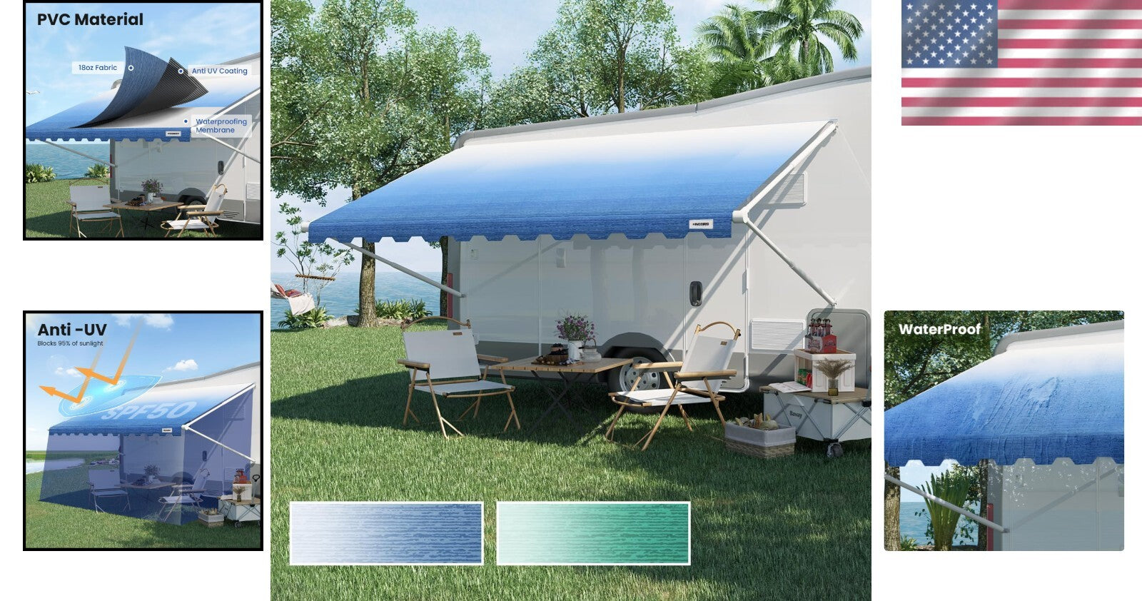 Durable Vinyl Awning Canopy - 14' Blue Fade Replacement for Trailers & Campers