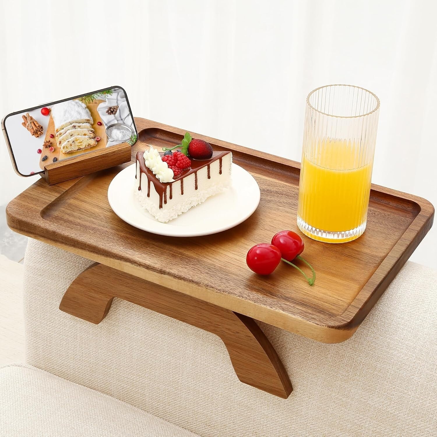 Adjustable Armrest Table with 360° Phone Holder - Modern Acacia Wood Design