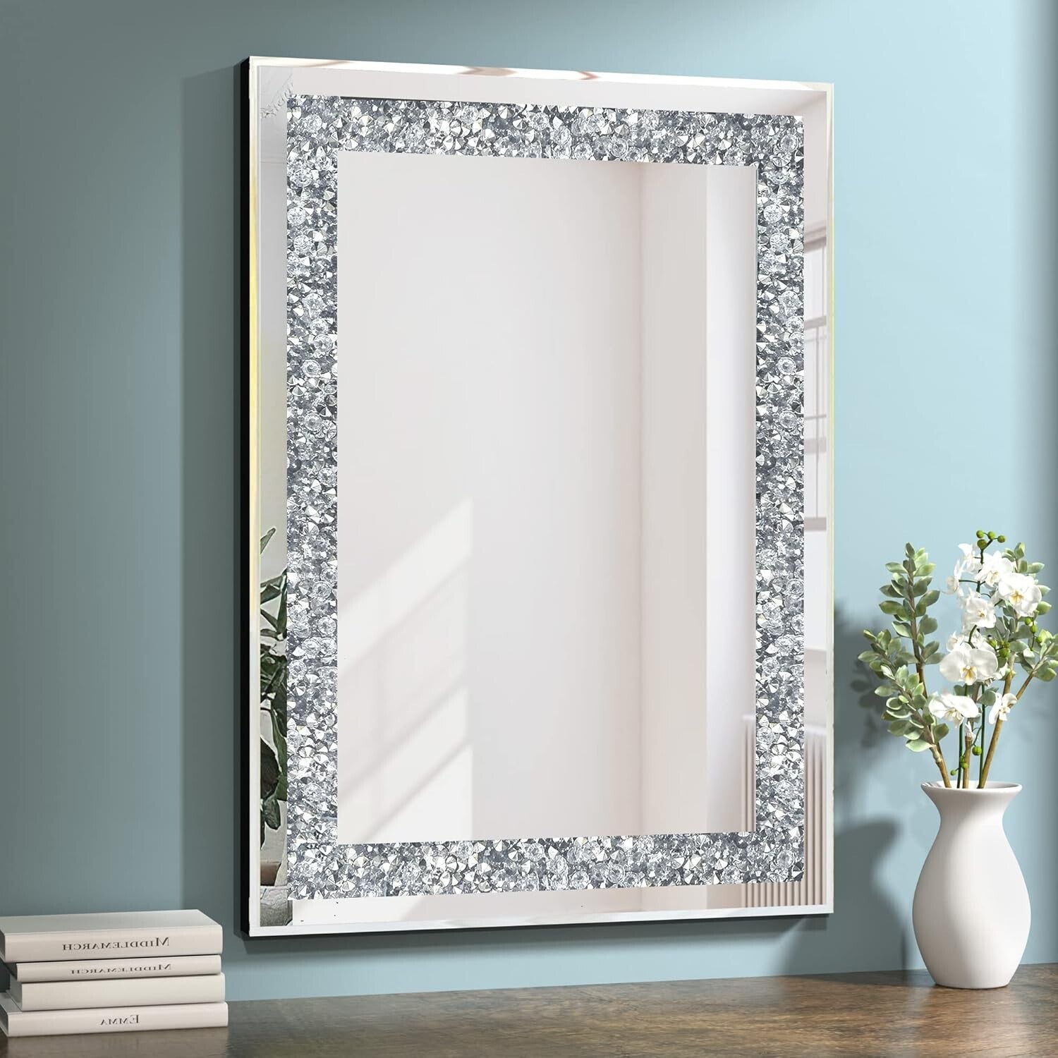 Elegant 28 x 20 Wall-Mounted Mirror - Crystal Bling for Any Decor Style