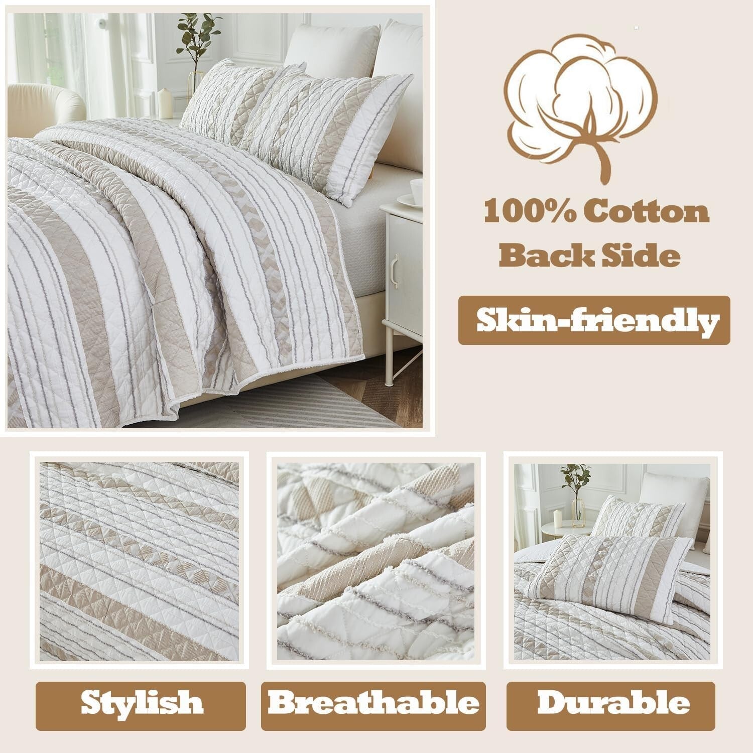 All-Season King Quilt Set with Matching Pillow Shams - Elegant Striped Design