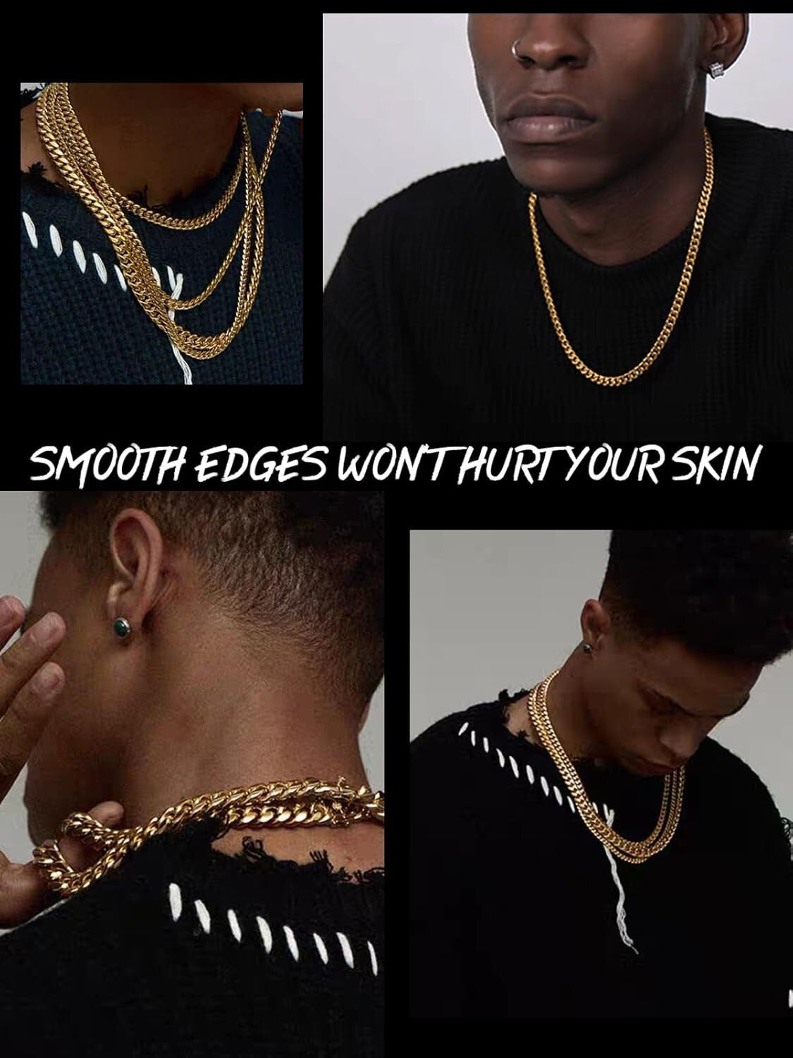 14K Gold Plated Cuban Link Necklace for Men - Adjustable Length, Multiple Widths