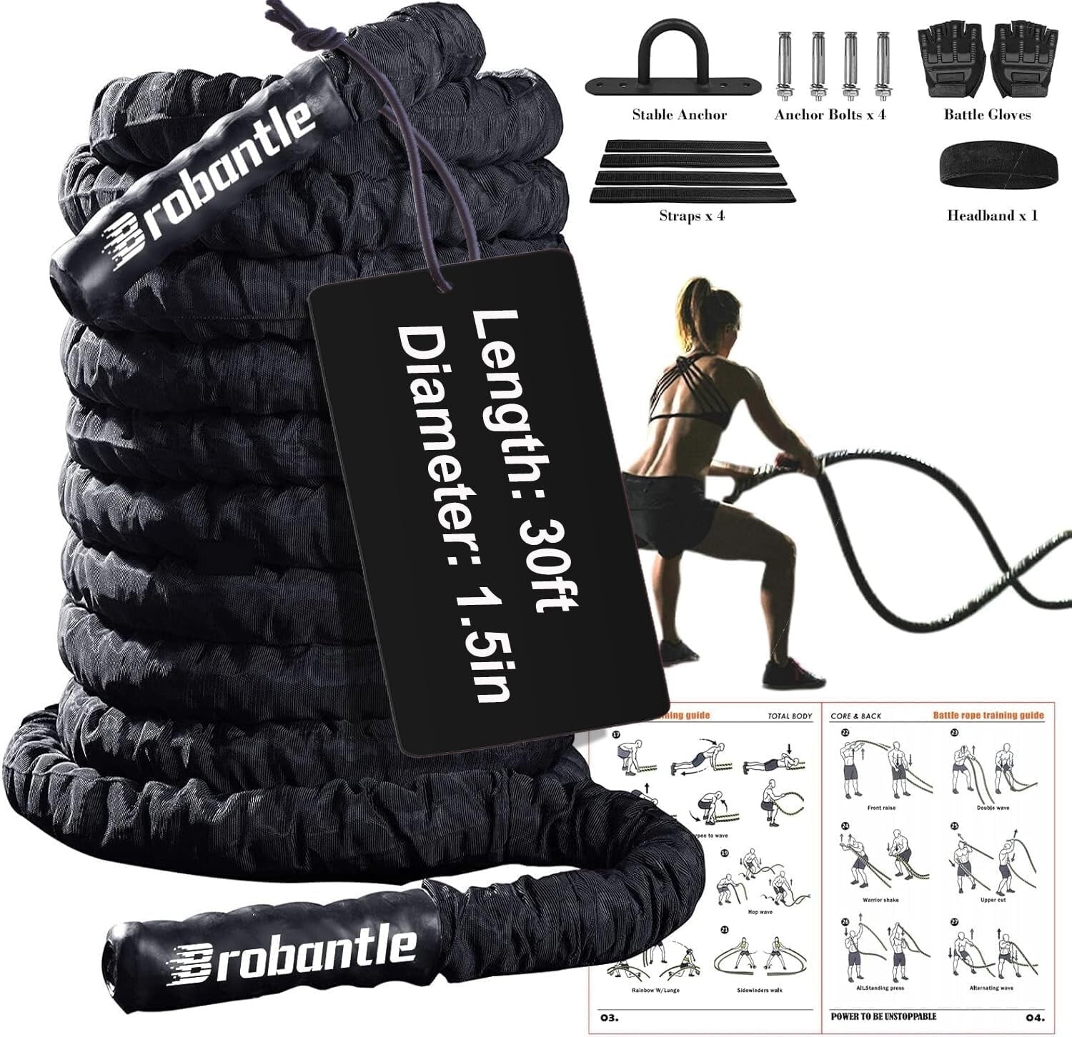 Adjustable Thickness Battle Ropes - 30ft Heavy Workout Rope for Intense Training