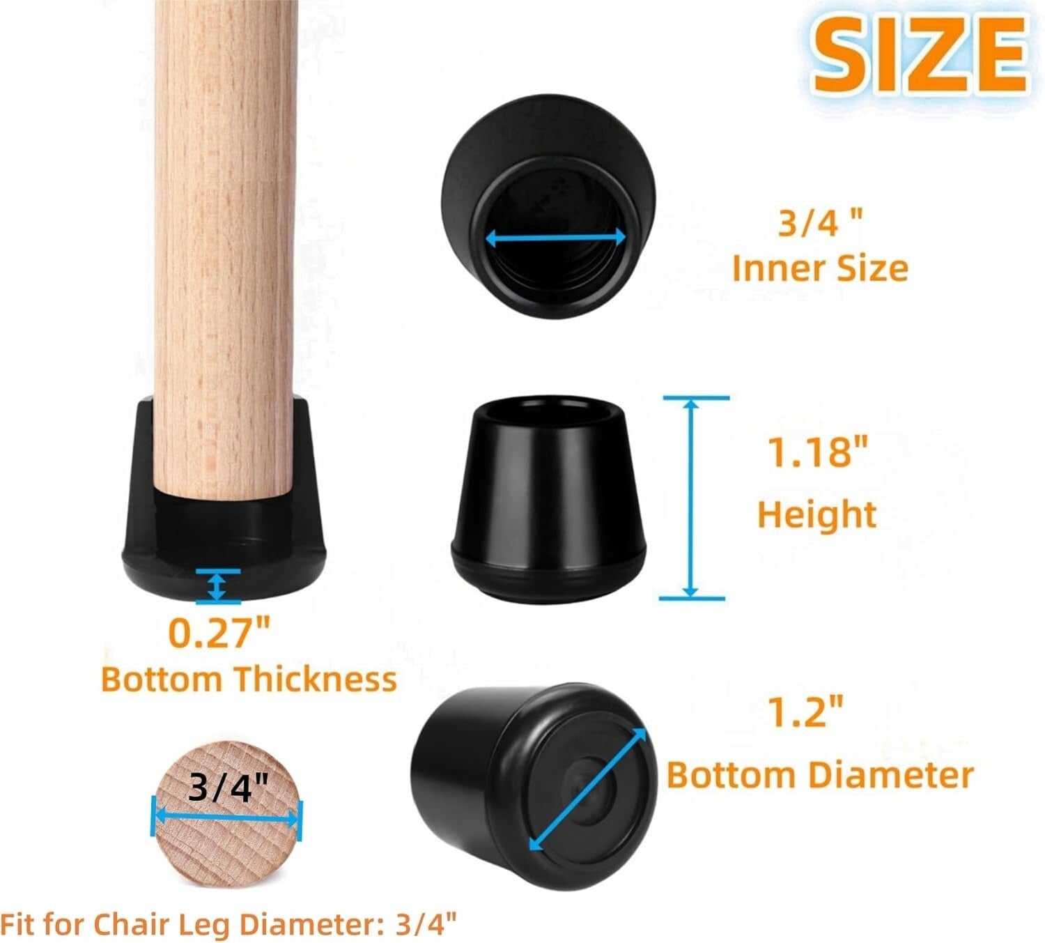 64-Pack Non-Slip Rubber Chair Leg Caps - 3/4" Inner Diameter, Floor Protectors